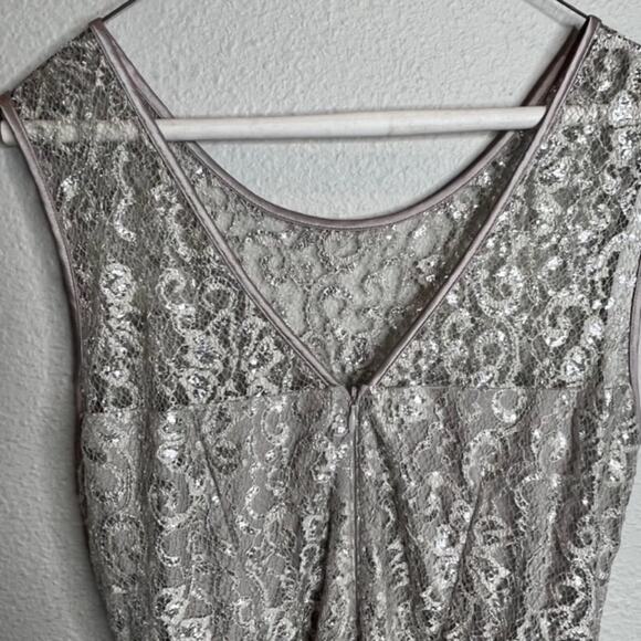 CACHE Champaign Metallic Threaded Lace Empire Waist Evening Cocktail Dress Sz 12 - Picture 4 of 15